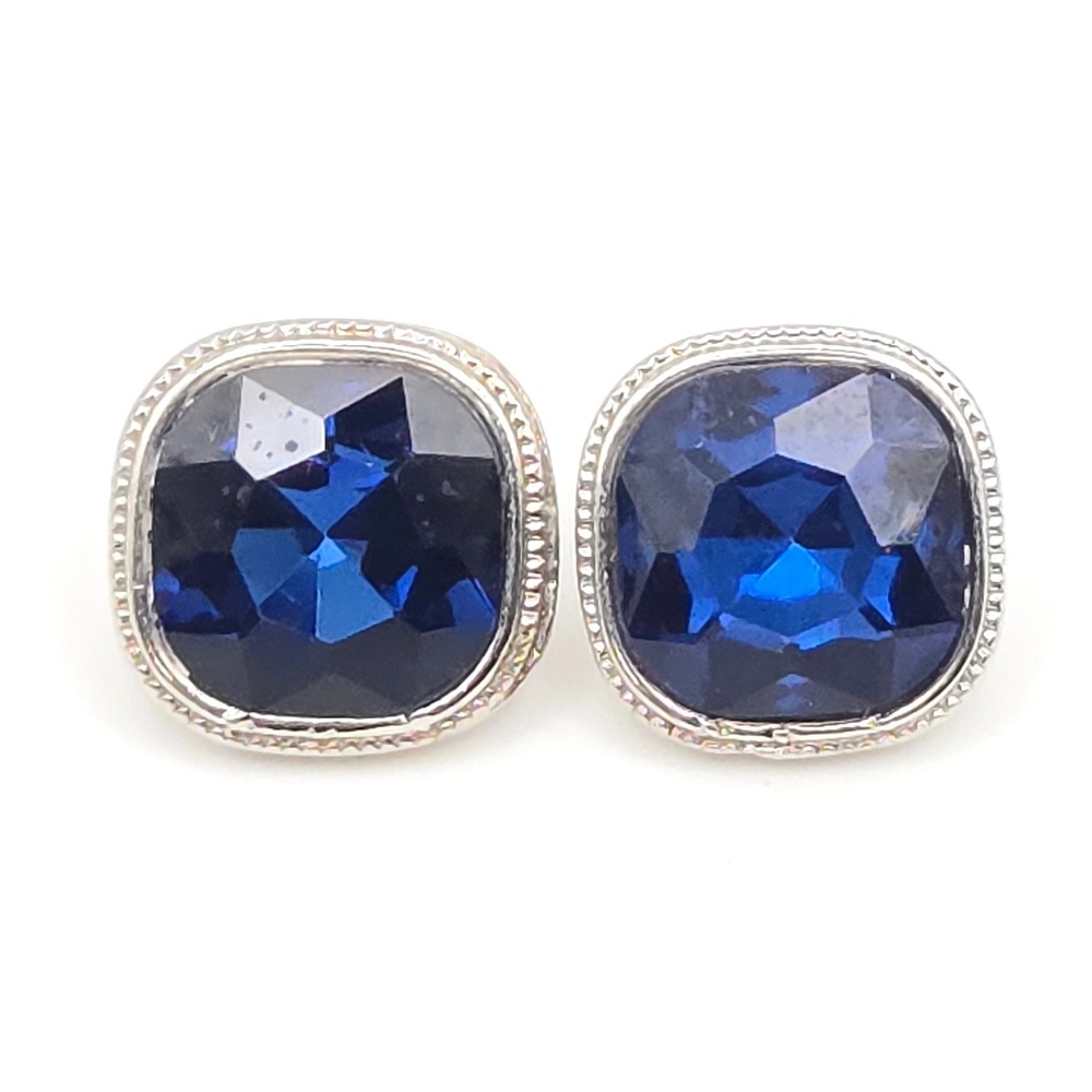 Blue Crystal Square Faceted Cushion Stud Earrings Silver Tone Milgrain Edge